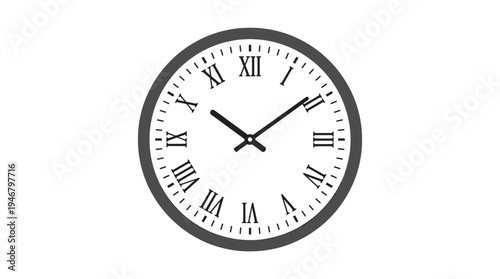 A classic analog wall clock vector icon with roman numerals. Simple flat design for concepts of time, deadline, schedule, business. Minimalist and clean illustration.