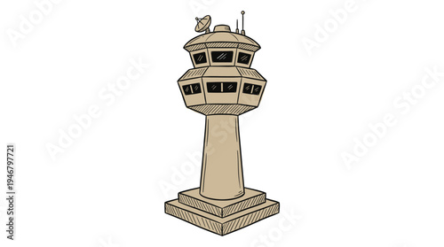 Hand-drawn illustration of an airport air traffic control tower. Sketchy vector design for aviation, travel, and transportation concepts. Ideal for icons and infographics.