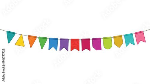 Colorful bunting flags banner for party decoration. A festive, flat vector illustration for birthday invitations, holiday greetings, and celebration design elements.