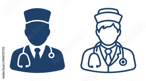 Set of two medical icons, a doctor or nurse with a stethoscope. Includes solid silhouette and outline styles for web, app, or print design. Perfect for healthcare concepts.