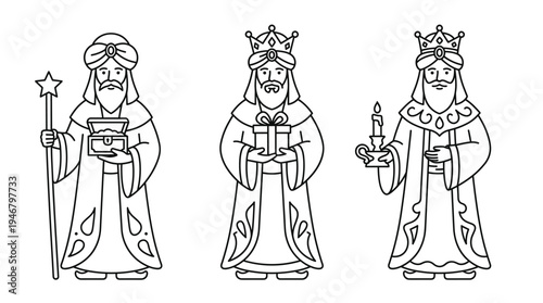 The Three Wise Men or Magi kings in a line art style. Biblical characters with gifts for Christmas and Epiphany celebrations. Vector illustration for holiday design.