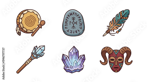 A vector set of shamanic ritual items for magic and spiritual practices. Includes drum, runestone, feather, crystal, and mask. Perfect for fantasy game assets or mystical design.