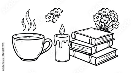 A cozy, relaxing scene with a hot cup of coffee, a lit candle, and books. Hand-drawn doodle illustration for hygge, study, or self-care concepts. Vector art for coloring.