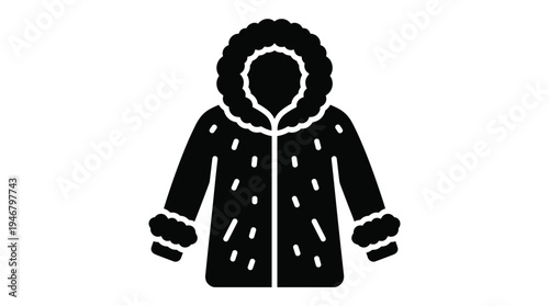 A simple black glyph icon of a warm winter coat. This vector graphic shows a parka with a fur hood, perfect for weather apps, fashion websites, or outdoor apparel branding.
