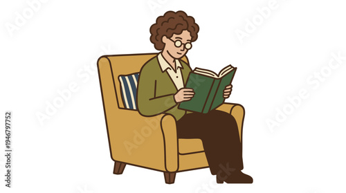 A charming illustration of a person with glasses enjoying a book in a comfy armchair. A peaceful scene for content about hobbies, education, relaxation, and quiet leisure time.