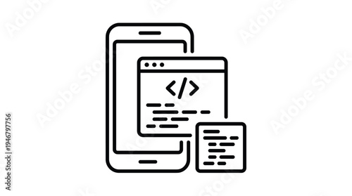 A line icon representing mobile app development and web programming. Shows a smartphone with code windows, symbolizing software engineering and coding. Perfect for tech websites and UI.