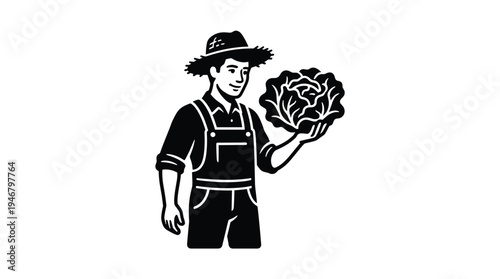 A simple black and white vector icon of a smiling farmer in a hat and overalls holding fresh cabbage. A symbol for agriculture, organic food, local harvest, and healthy eating.