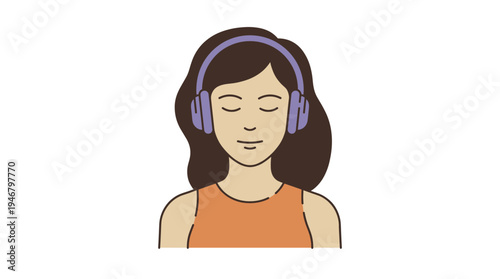 Vector illustration of a calm woman with closed eyes listening to music or a podcast in headphones. Concept of relaxation, meditation, audio, and mindfulness.