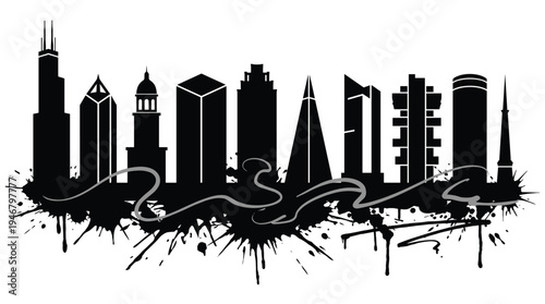 Stylized city skyline silhouette in a modern, urban graffiti style. Black ink splatters and a grey ribbon create a dynamic, edgy graphic for creative urban projects and design.