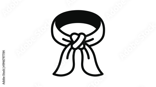 A simple black and white line art icon of a tied neck scarf or bandana. Minimalist vector illustration perfect for logos, websites, and apparel design. Represents adventure.