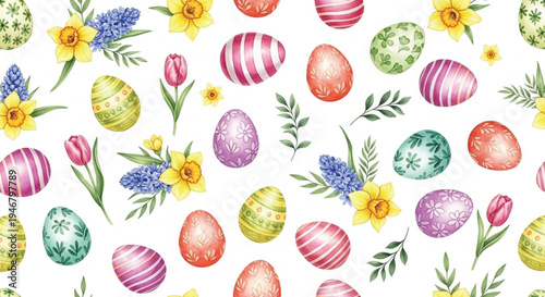 Watercolor Easter Eggs and Spring Flowers Seamless Pattern, Hand Painted Holiday Background