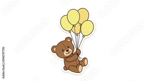 A charming cartoon illustration of a cute brown teddy bear floating happily while holding a bunch of yellow balloons. Perfect for birthdays, baby showers, and kids' designs.