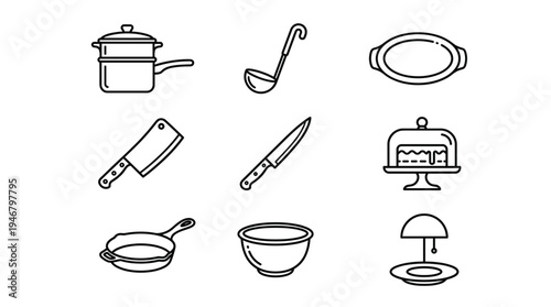 A set of minimalist line icons for kitchen and cooking themes. Includes cookware, utensils, and dishes. Perfect for culinary websites, restaurant menus, or recipe apps.