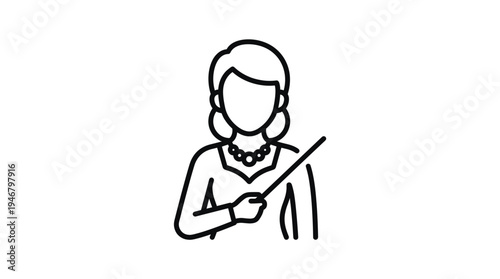 A minimalist line icon of a female teacher or presenter with a pointer. Perfect for education, business presentations, seminars, and user interface design.