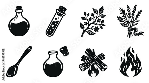 Black and white vector icons for alchemy, herbal, magic, and science themes. Features bottles, plants, fire, spoon. Great for branding, web, games, or graphic design.