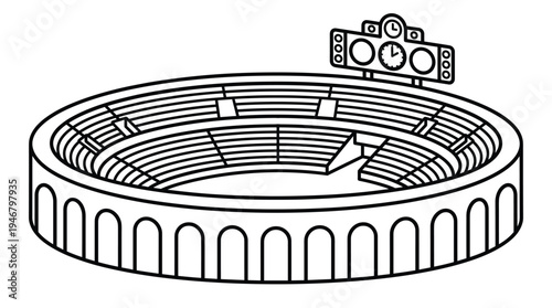 A simple black line art vector illustration of a large, empty stadium or arena with a scoreboard. Ideal for sports, events, architecture, or iconic representations.