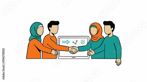 Diverse Colleagues In Business Attire Shake Hands In Front Of A Laptop Screen Displaying Charts And Graphs Representing Collaboration And Success