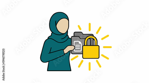 Muslim Woman Holding Locked Folder with Document Icon and Glowing Rays on White Background symbolizing Data Security and Privacy