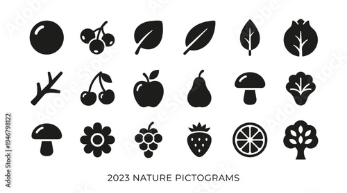 A set of minimal black glyph icons. Collection of nature symbols: fruit, plant, berry, and mushroom. Simple vector pictograms for web design, eco, and organic concepts.