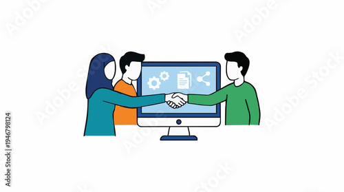 Diverse professionals shaking hands in front of a computer screen displaying digital data and collaboration icons symbolizing teamwork and partnership in a modern office setting