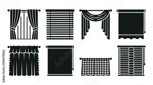 A versatile collection of flat black silhouette icons featuring various window coverings: curtains, horizontal blinds, roller shades, and honeycomb blinds. Ideal for UI, home decor