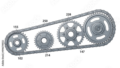 Mechanical Gear System with Chain and Sprockets.