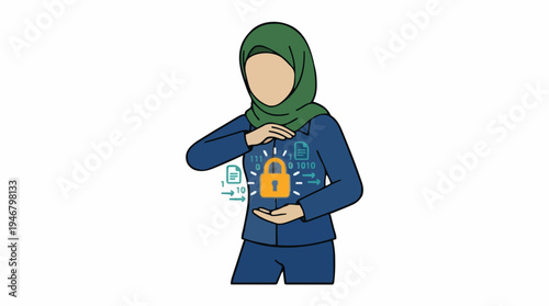 Muslim Woman Protects Digital Security and Data Privacy With Glowing Lock Icon and Binary Code Overlay