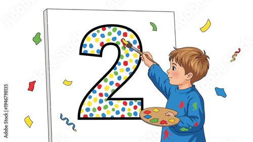 Boy Painting Colorful Number Two Decoration.