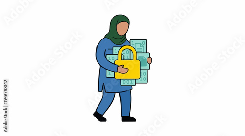 Muslim Woman in Hijab Carrying Digital Data Secured by a Yellow Padlock Concept Art White Background