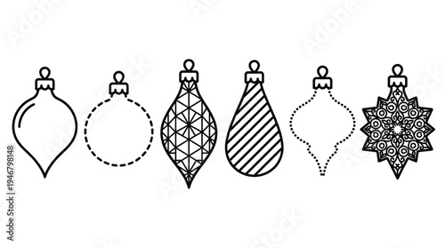A collection of Christmas ornament outlines. Minimalist line art icons perfect for holiday design, greeting cards, coloring, and festive digital projects.