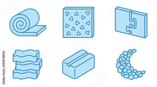 Set of isometric icons for construction. Vector illustrations of building materials: insulation, panels, blocks. Modern blue line style for renovation and architecture projects.