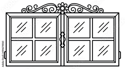 A vector line art illustration of a closed window with an ornate floral decoration. Ideal for architecture, home decor concepts, fairytale themes, and coloring book designs.