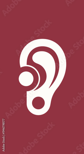 Minimalist Ear Icon Depicting Hearing and Auditory Perception on Crimson Background