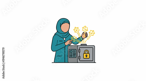 Woman In Hijab Interacting With Digital Security Technology And Safe Deposit Box On White Background
