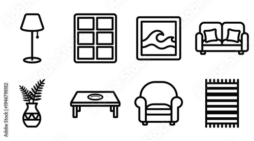 A collection of minimalist black line icons for home furniture and decor. Ideal for interior design, digital interfaces, and modern lifestyle content.