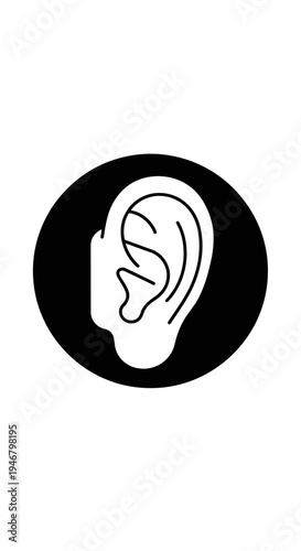 Minimalist Ear Icon Depicting Hearing Sensory Perception Within A Black Circular Frame