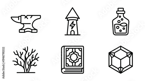 A set of fantasy RPG line icons for games or apps. Includes an anvil, magic tower, potion, spellbook, crystal, and plant. Minimal vector style perfect for user interfaces.