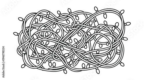 A messy vector illustration of tangled Christmas lights. This black and white line art depicts holiday stress, preparation chaos, or a complex problem. Perfect for festive designs.