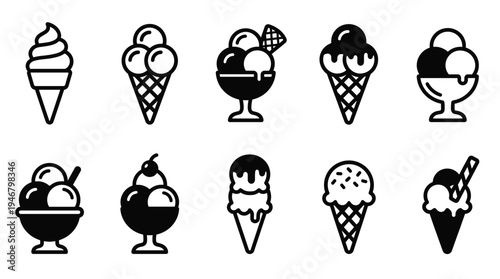 A collection of simple black vector icons featuring various ice creams and desserts. Perfect for summer menus, food blogs, websites, and cafe branding. Minimalist design.