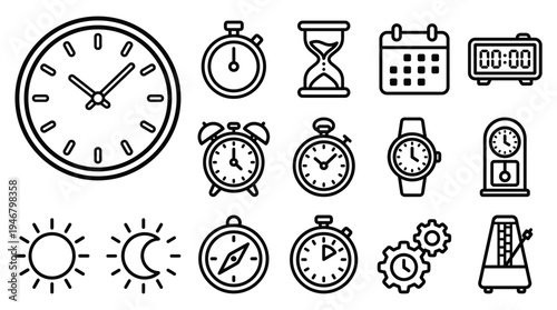 A set of universal time measurement line icons. Includes clock, calendar, stopwatch, and timer symbols. Perfect for UI/UX design, apps, websites, and infographics.