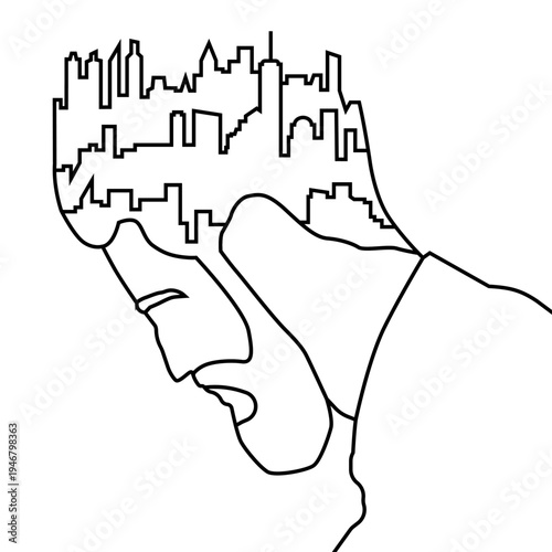 The silhouette of a person with a city as a burden of thoughts in a thin line.