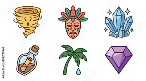 A colorful vector set of adventure and fantasy icons. Features a tornado, mask, crystals, message bottle, palm tree, and gem. Ideal for game assets, apps, or stickers.