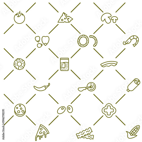 Pizza ingredients set. Tasty Italian cuisine thin line. Pizzeria icons.