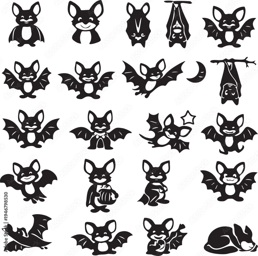 Fototapeta premium Cute Bat Character Icon Set – 25 Black Solid Flying Bat Icons.