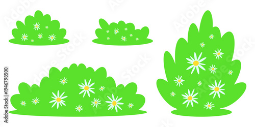 Set of flat green bushes and blooming shrubs decorated with small white daisy flowers. Landscape design, game assets and eco-themed projects. Cartoon nature vector illustration isolated on white