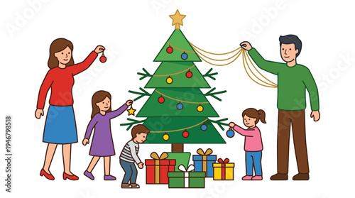 A happy family with children decorates a Christmas tree together. Parents and kids hang ornaments, preparing for the festive holiday celebration. A warm, joyful vector illustration.