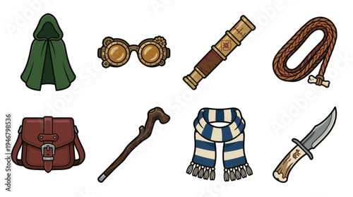 A vector set of fantasy adventurer and explorer equipment. Includes cloak, steampunk goggles, spyglass, whip, and knife. Perfect for RPG, gaming, or fantasy themed projects.