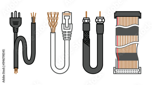 A set of vector icons showing different electronic cables: power, ethernet, coaxial, and ribbon. A simple, clean illustration for tech infographics, manuals, and websites.