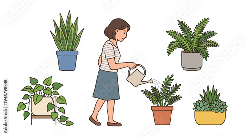 A young woman watering potted plants. Set of various houseplants for home gardening and hobby concepts. Flat vector illustration for lifestyle, relaxation and self care themes.