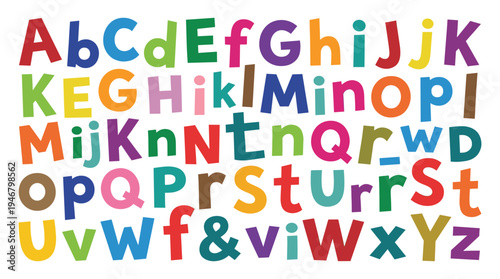 A fun, colorful set of the English alphabet. Playful cartoon letters for childrens education, school projects, and creative designs. Vector illustration for learning and typography.